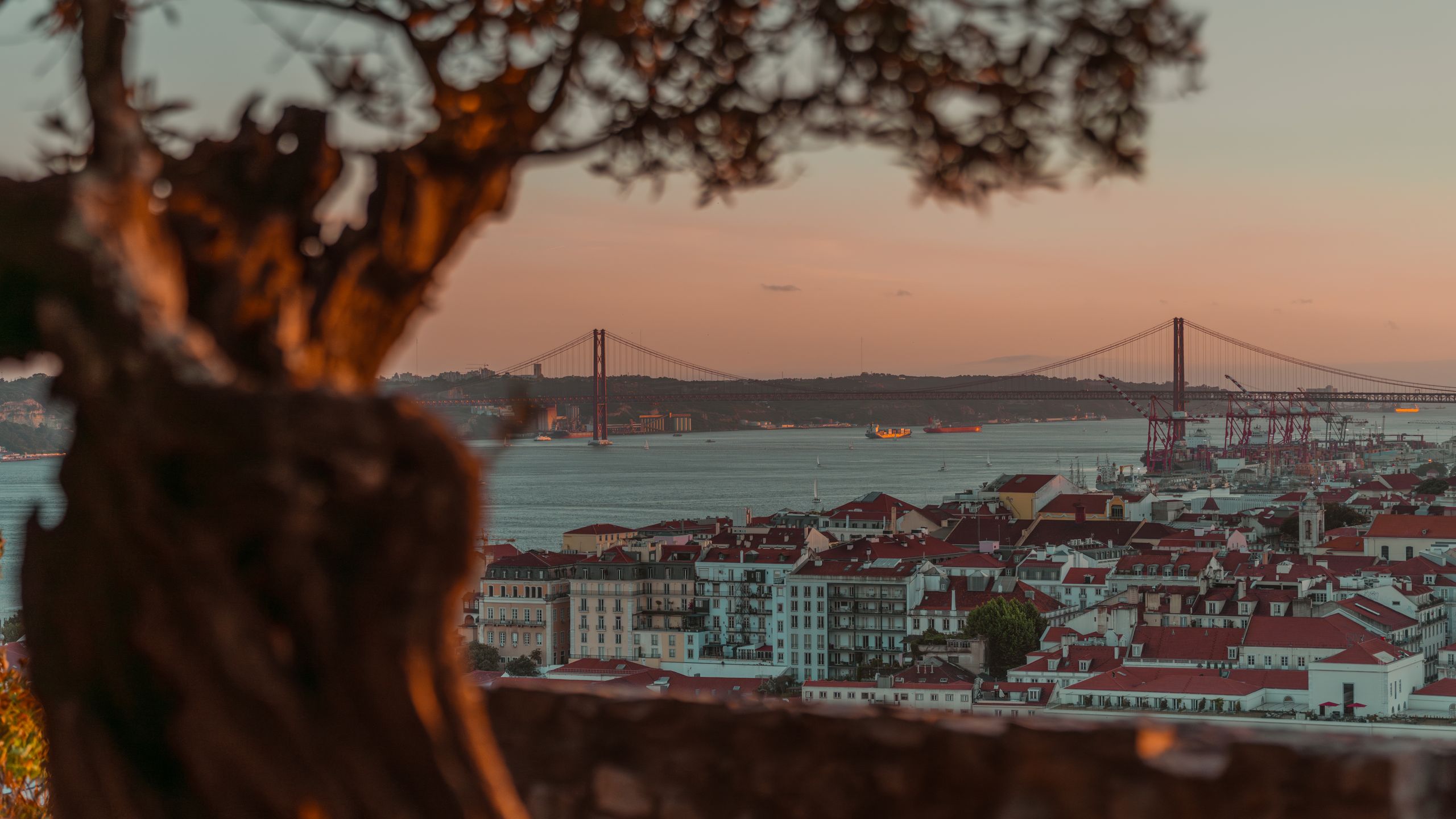 Beautiful sunset over Lisbon with a view of the iconic 25 de Abril Bridge, framed by trees.